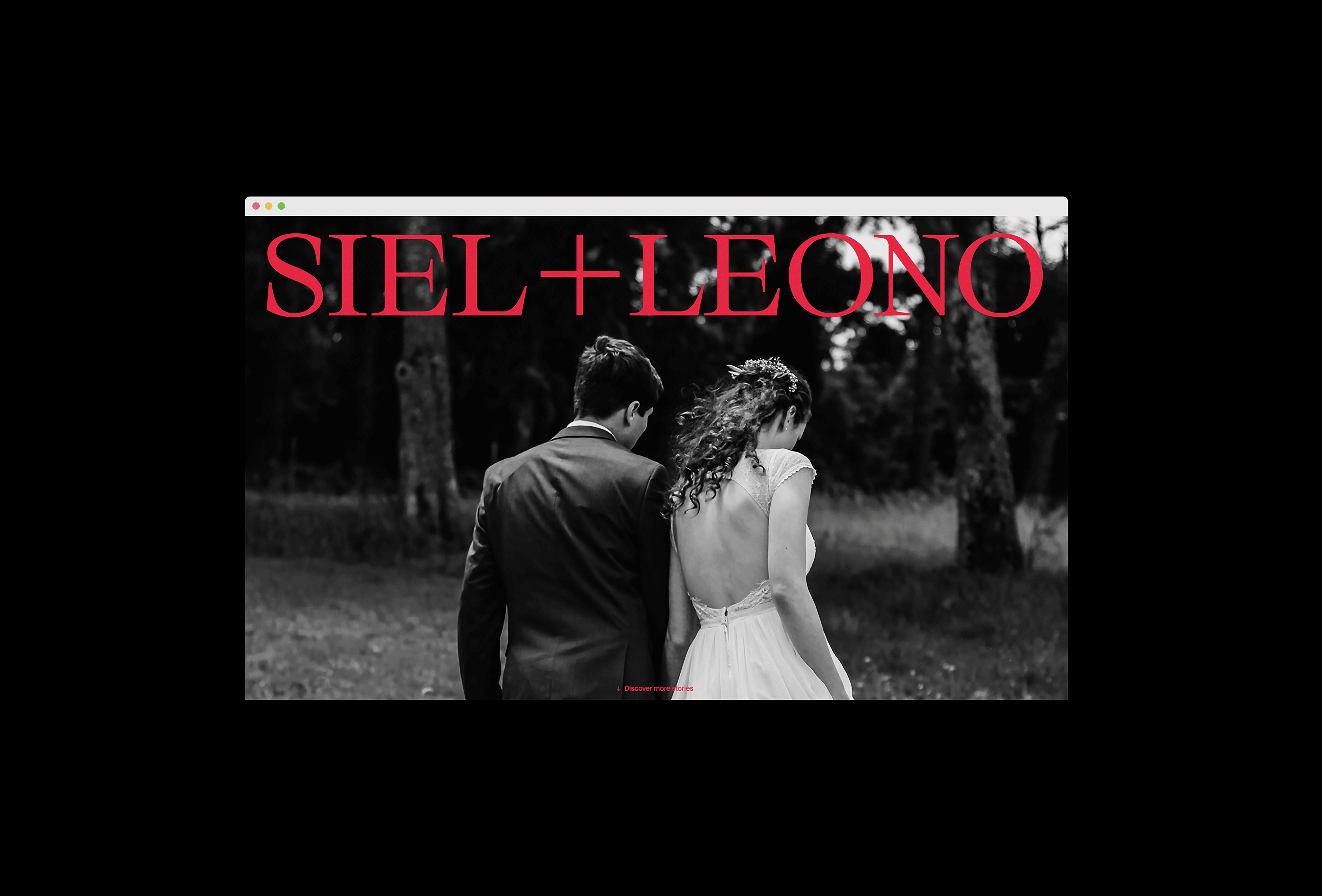 Back view of bride and groom in black and white, standing in outdoor setting with trees in the background, overhead text overlay.