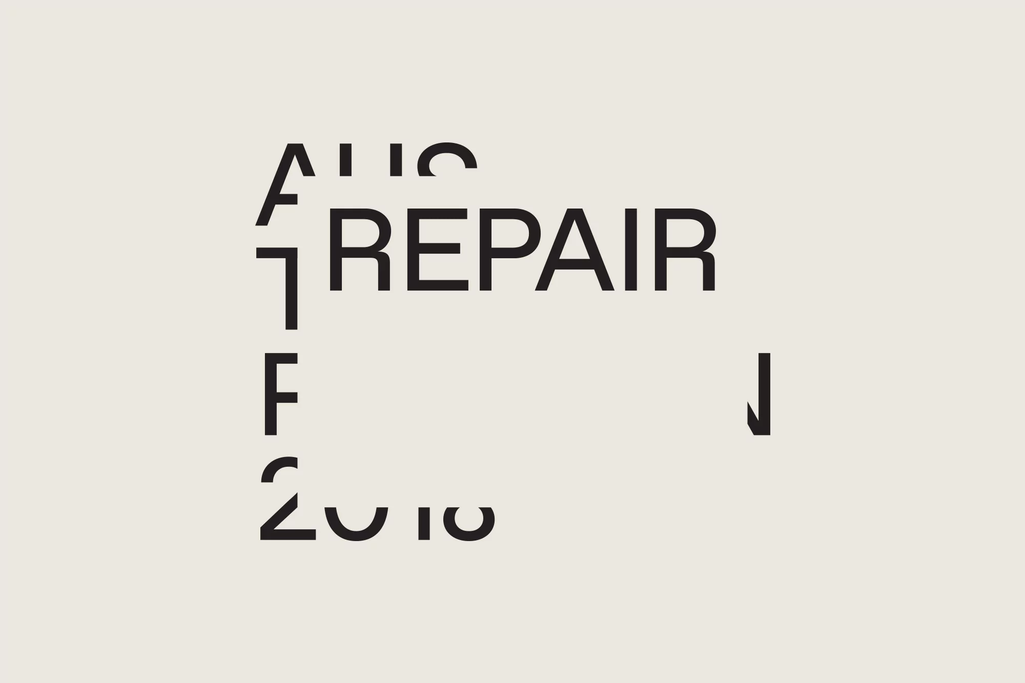 Abstract graphic design featuring the word 'REPAIR' among scattered letters and numbers on a pale background, presented in a minimalist style.