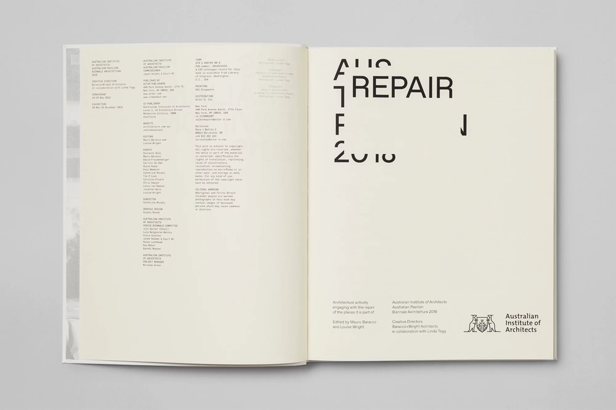 Open book featuring text from Australian Institute of Architects, displaying 'Aug 7 Repair 2018' on a white background page.