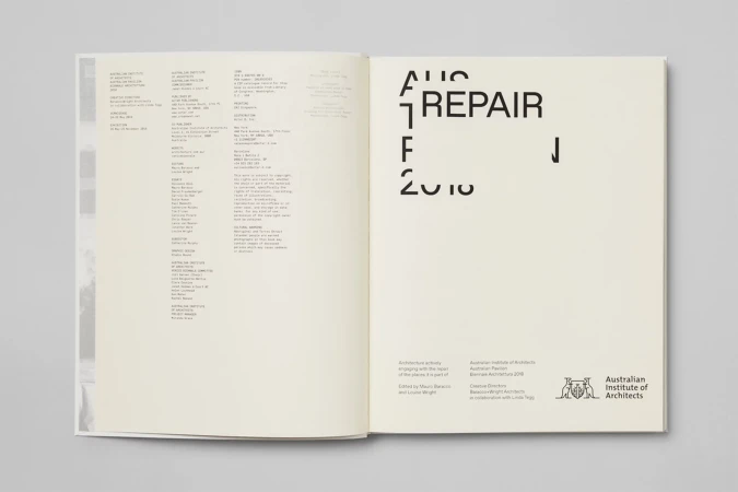Open book featuring text from Australian Institute of Architects, displaying 'Aug 7 Repair 2018' on a white background page.