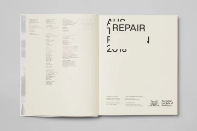 Open book page showing architectural text and typography for the Australian Pavilion brand identity designed by Studio Round.