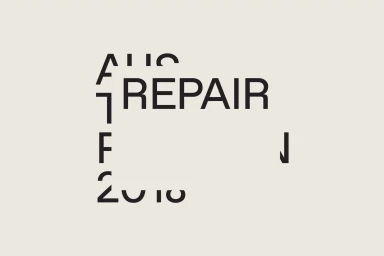 Minimalist graphic design featuring black sans-serif typography spelling out REPAIR on a neutral off-white background.