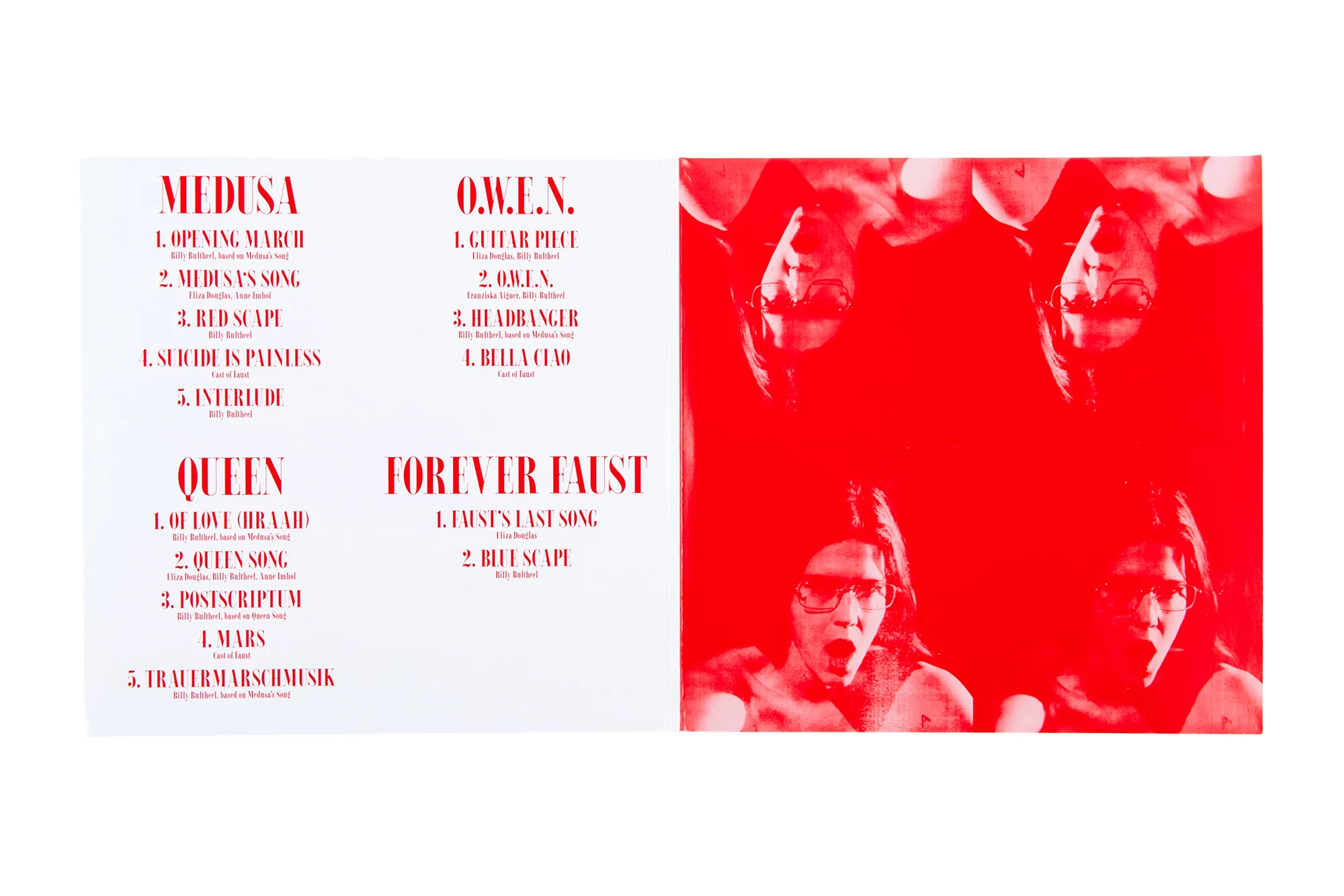 Music album cover featuring a collage of song titles and a distorted portrait of a man in red, white, and black tones.