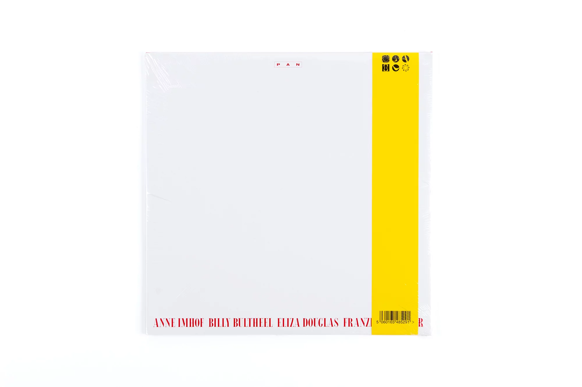 Vinyl record album cover in white with a yellow vertical stripe, red text, and black icons on a white background.