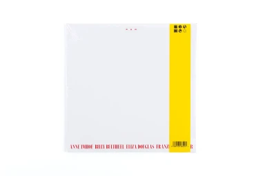 Minimalist white record sleeve with a vertical yellow spine strip and red typography featuring Anne Imhof.