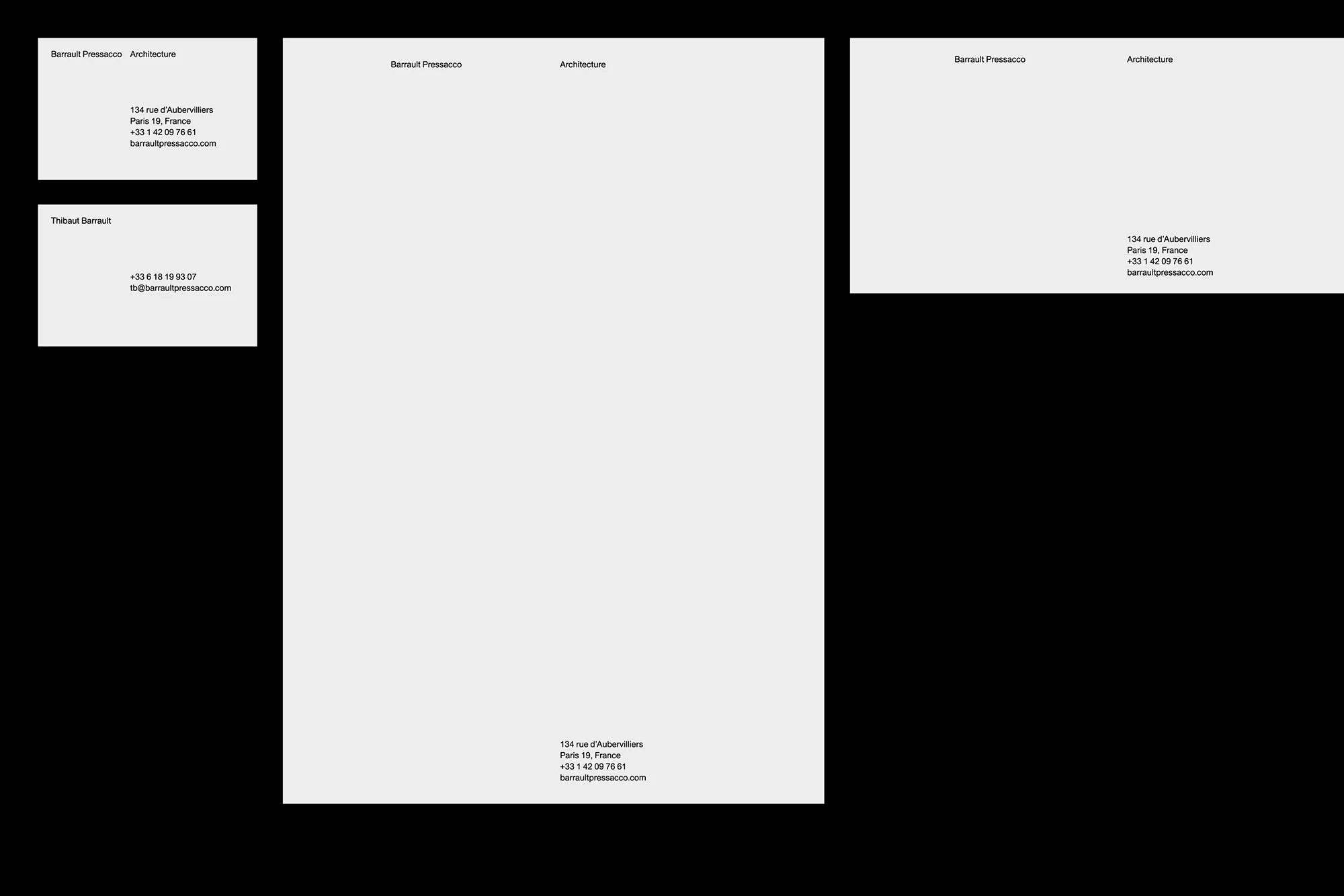 Letterheads and business cards for Barnault Préseaucco Architecture featuring company contact information against a black background.