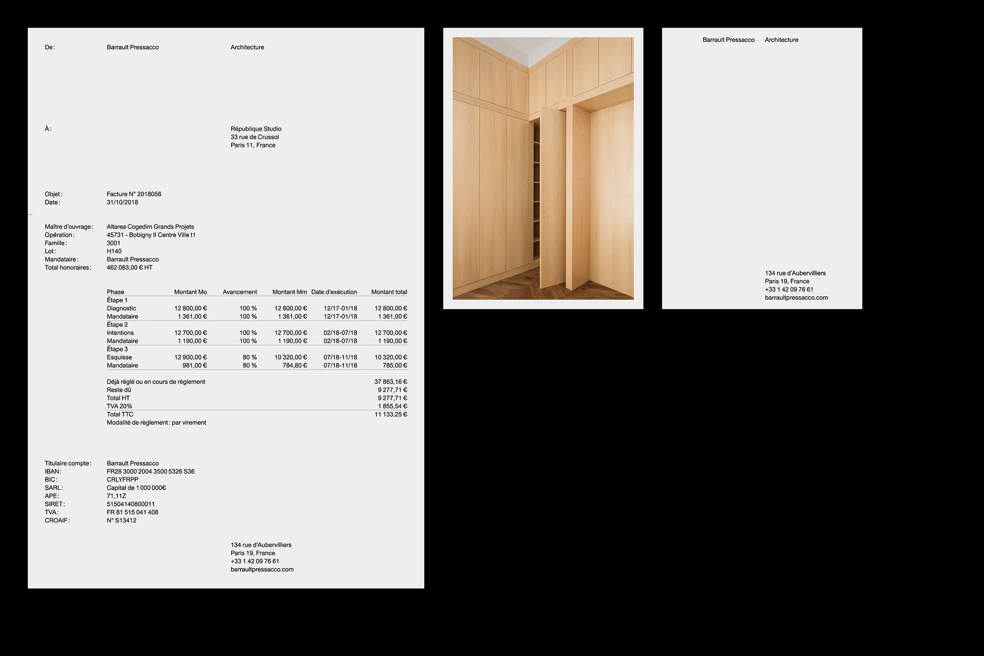 Architectural document showing an interior design invoice and building plan. Shows construction costs for an interior installation project.