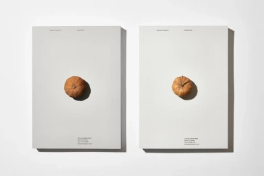 Two minimalist white booklets featuring dried citrus fruits centered on their covers against a plain backdrop.