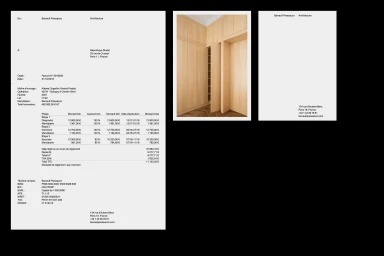 Minimalist stationery layout and architectural photography showing wooden built-in cabinetry for Barrault Pressacco brand identity.