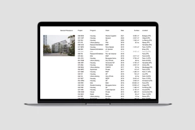 Laptop displaying a Barrault Pressacco architectural projects list and thumbnail on a clean white background