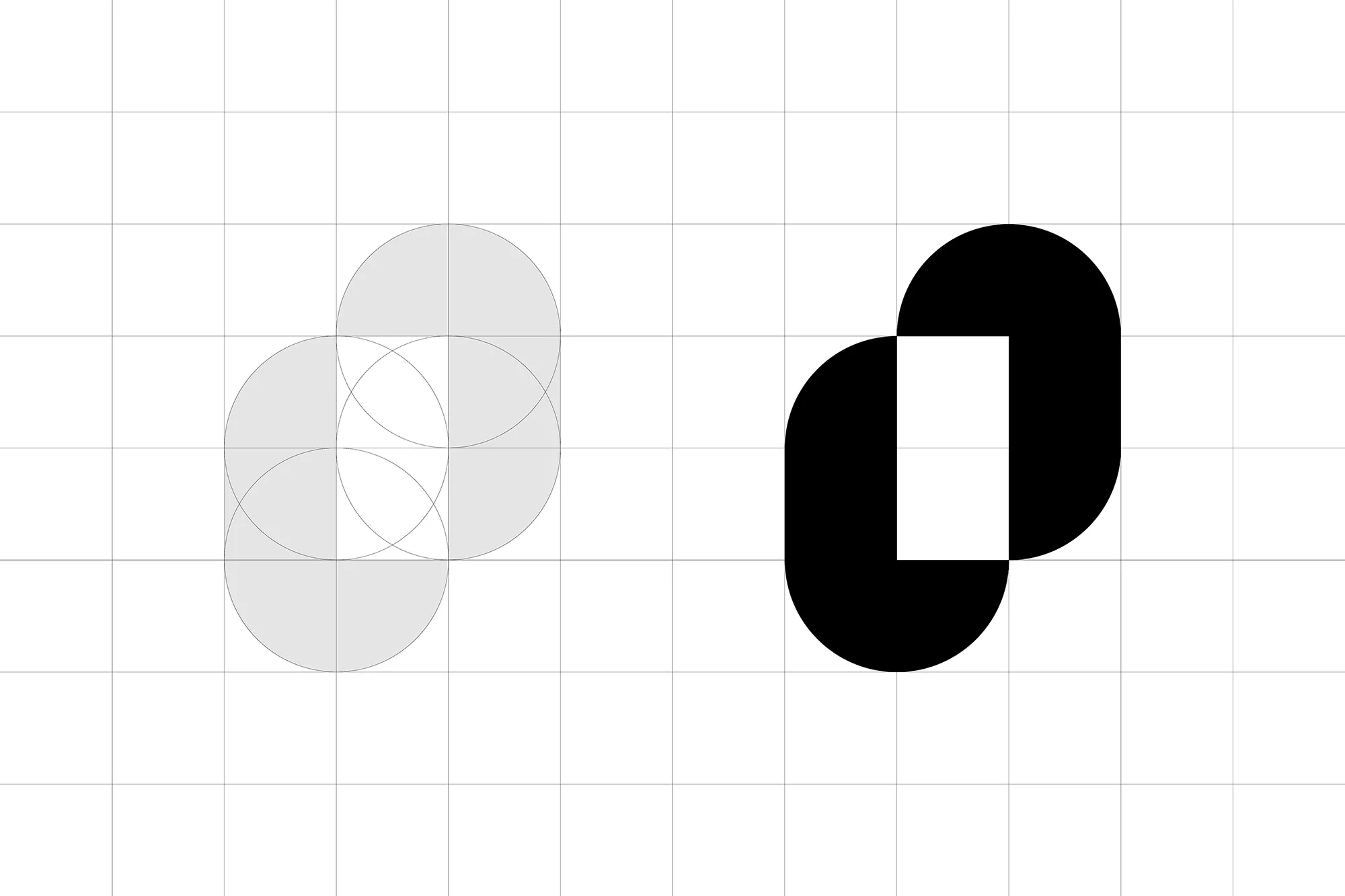 Abstract graphic art features overlapping black ovals and light gray circles creating a modern, geometric design on a grid background.