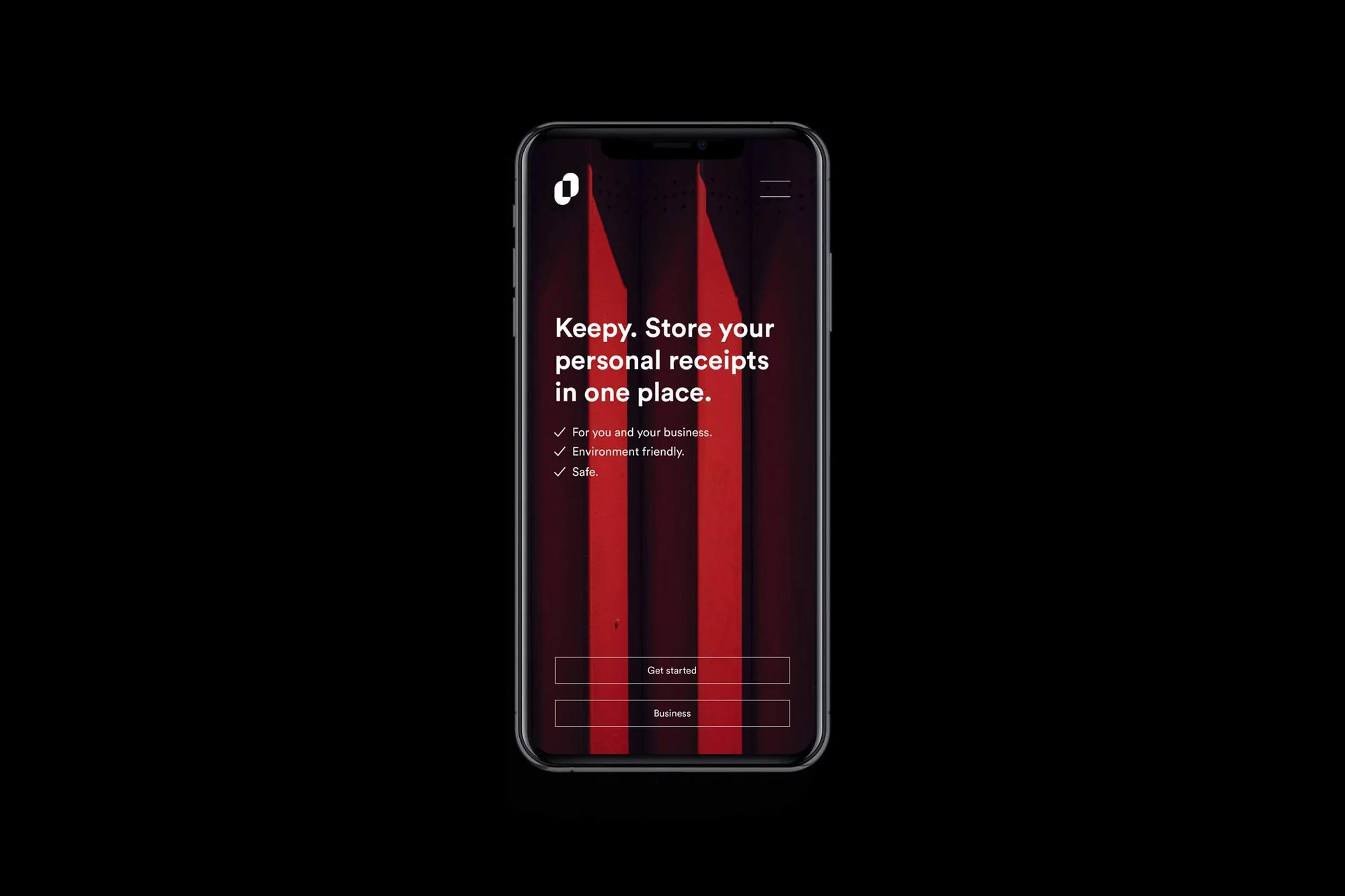 Smartphone displays 'Keepy' app interface with red stripe design, promoting digital receipt storage for personal and business use.