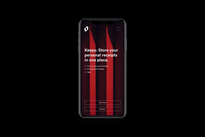 Smartphone displays 'Keepy' app interface with red stripe design, promoting digital receipt storage for personal and business use.