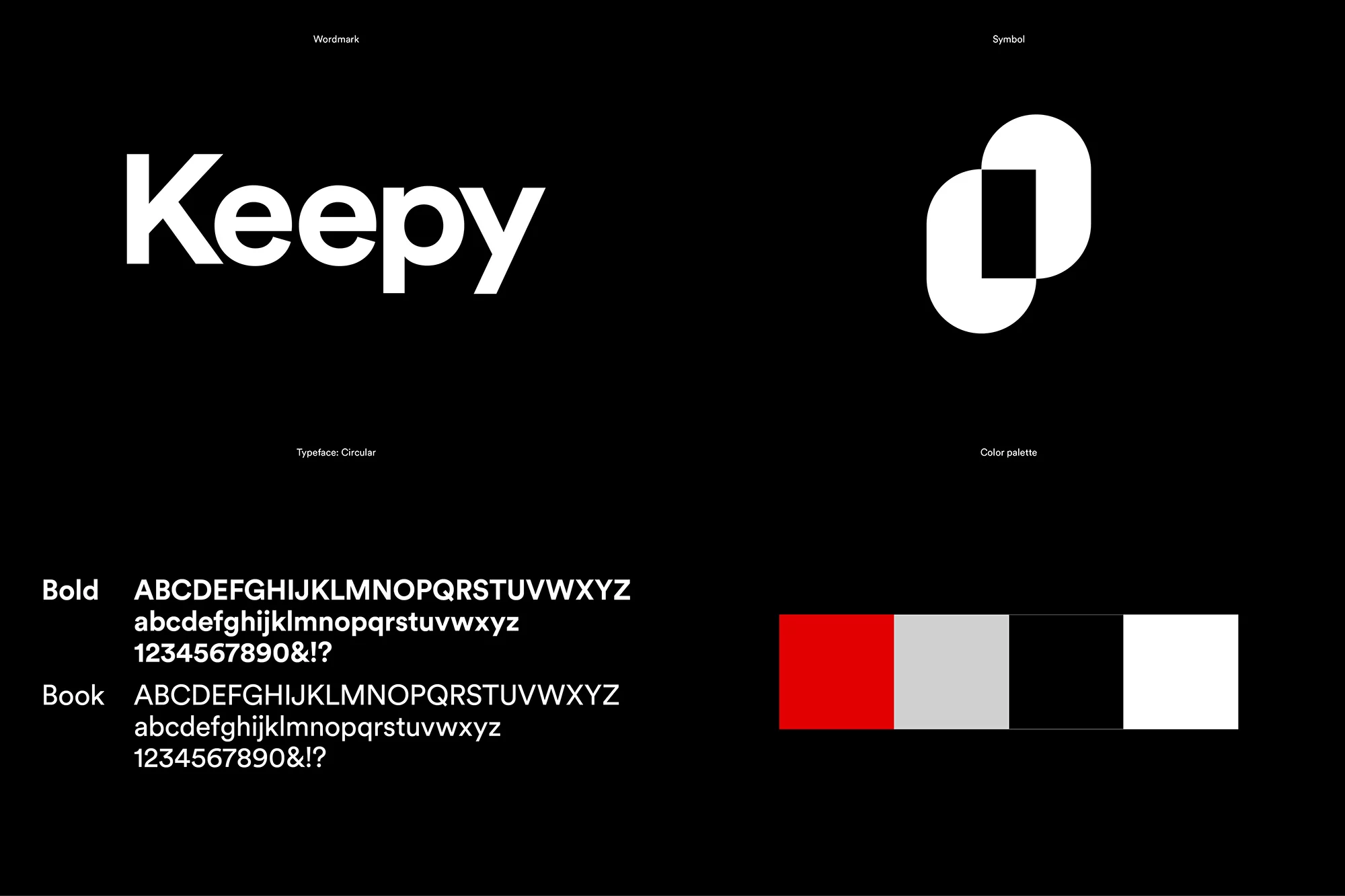 Design document displaying the 'Keepy' wordmark, symbol, typeface samples, and color palette against a black background.
