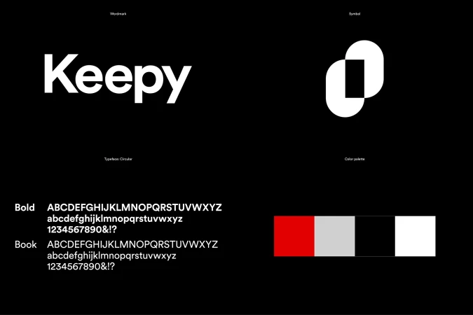 Design document displaying the 'Keepy' wordmark, symbol, typeface samples, and color palette against a black background.