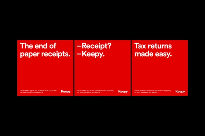 Graphic ad with text panels promoting paperless receipts and easy tax returns; brand logo shown on red background and black surround.