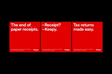 Three red promotional squares featuring bold white typographic messaging for Keepy against a black background.