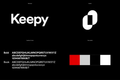 Keepy brand identity design showing white wordmark, abstract symbol, typography set in Circular, and a four-color palette.