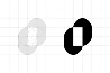 Geometric brand identity logo construction grid showing overlapping circles and final black vector shapes on a white grid