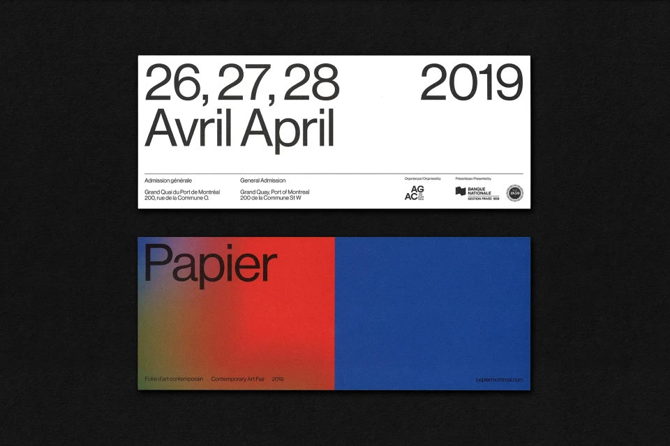 Promotional graphic with 'Papier' contemporary art fair dates 2019 in Montreal with a blue and red block color background.
