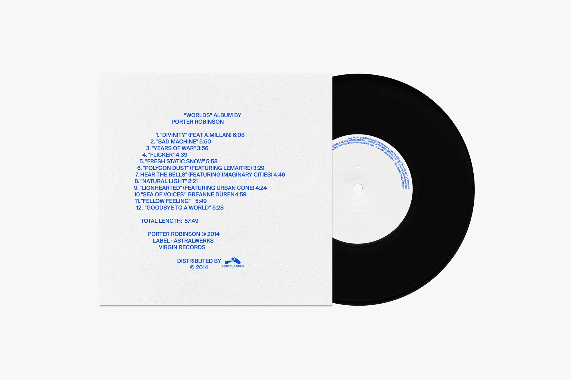 Vinyl record album cover featuring a track list from Porter Robinson's "Worlds" album, with record showing label and track list.