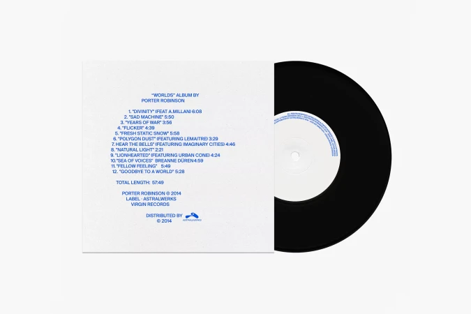 Vinyl record album cover featuring a track list from Porter Robinson's "Worlds" album, with record showing label and track list.