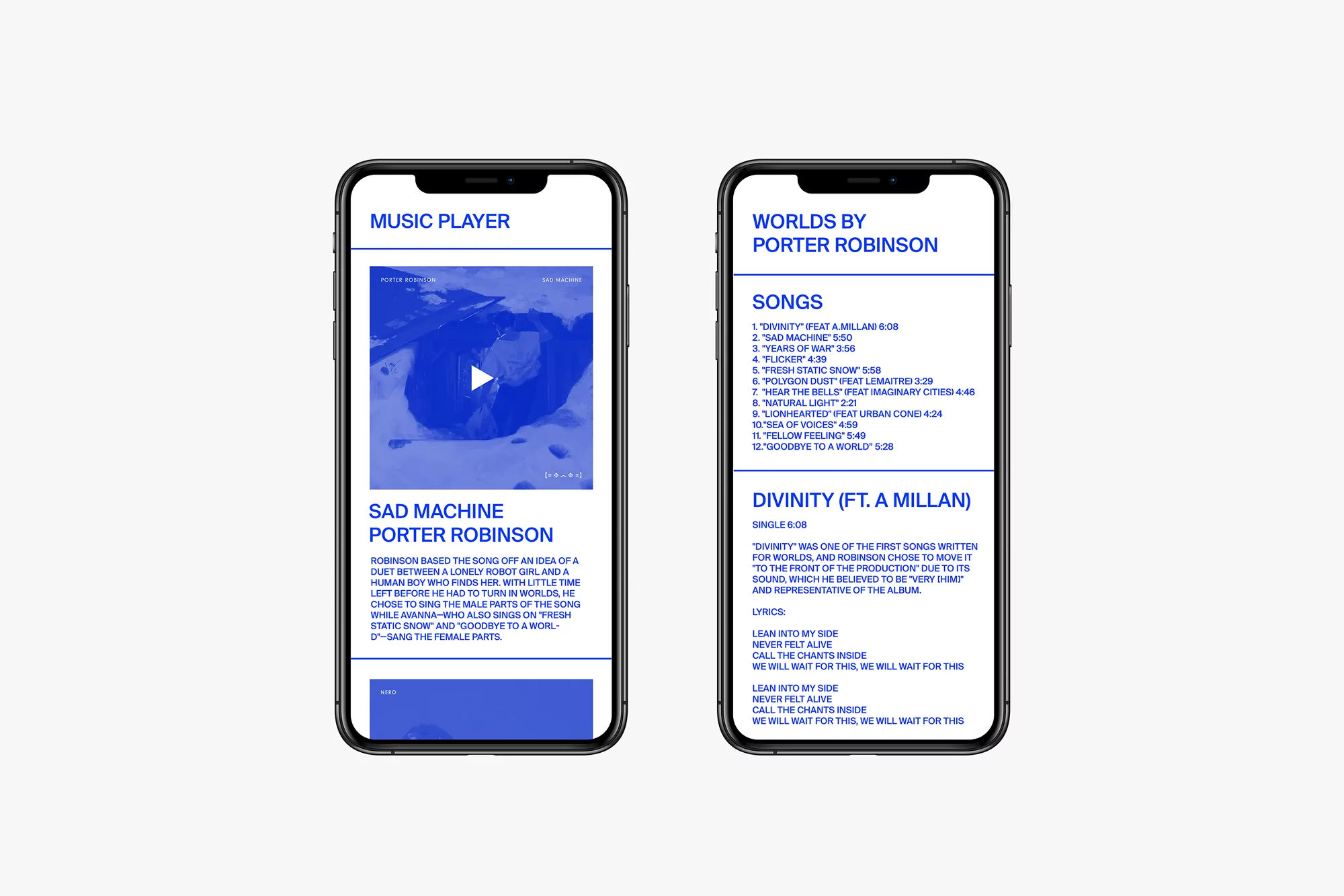 Two smartphone screens display Porter Robinson's music player interface, featuring song lists, album art, and lyrics, set against a white background.