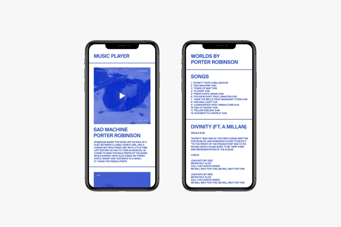 Two smartphone screens display Porter Robinson's music player interface, featuring song lists, album art, and lyrics, set against a white background.