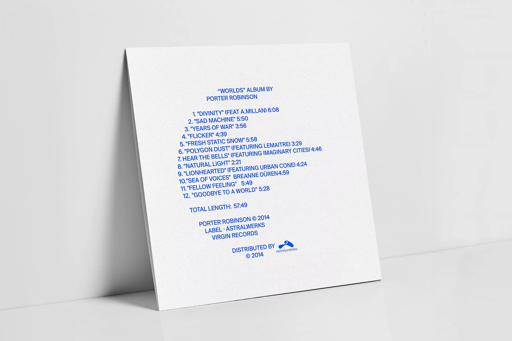 Porter Robinson's "Worlds" album cover. A white cover features a track list in blue text, offering a glimpse into the album's contents.