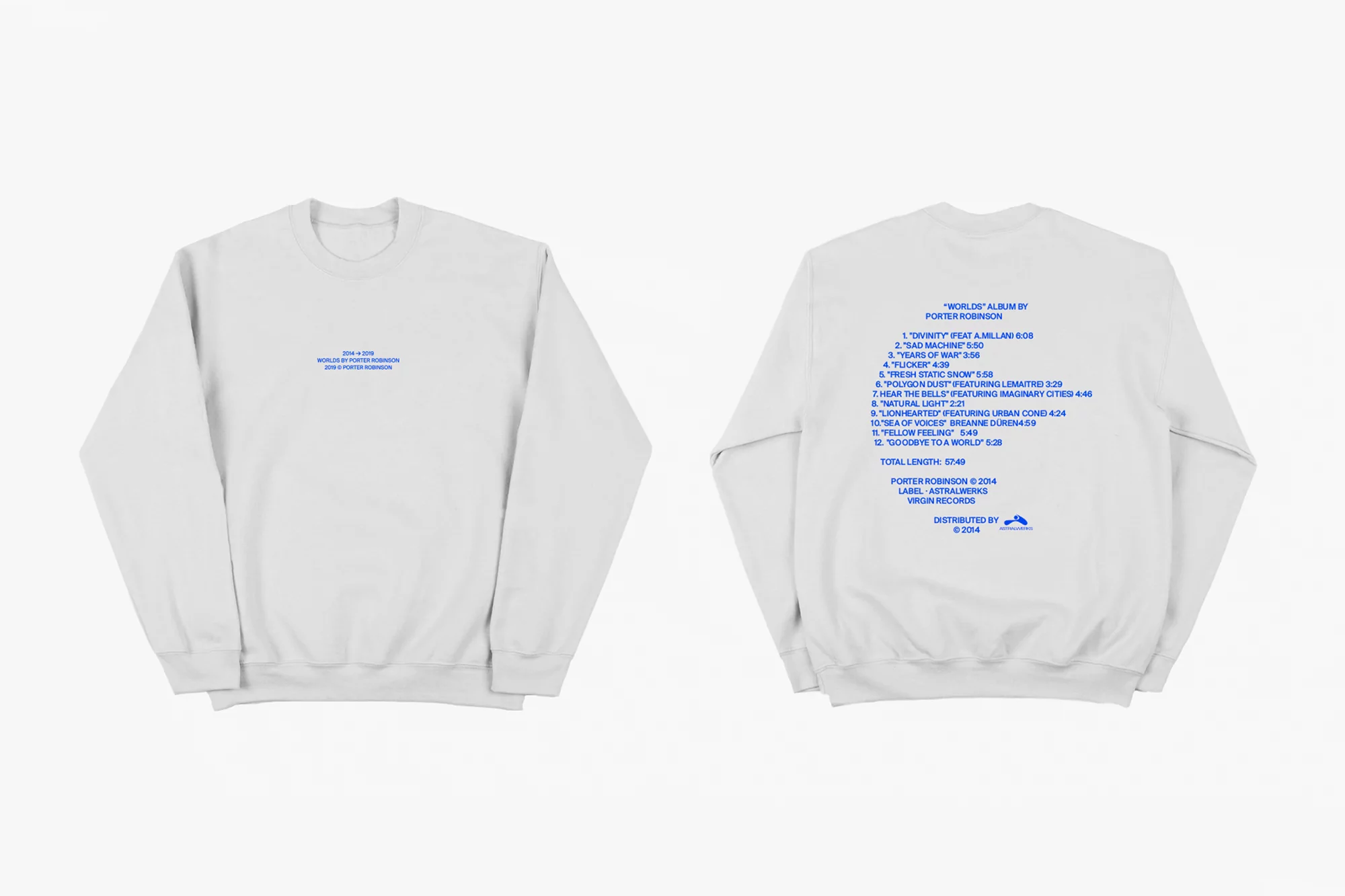 Two white crew neck sweaters are displayed against a white backdrop. The left sweater has a blue text detail, the right has a song list.