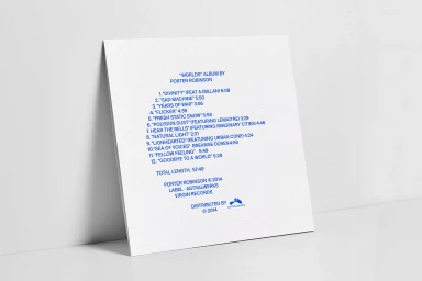 White album tracklist card leaning against a light background with blue typography