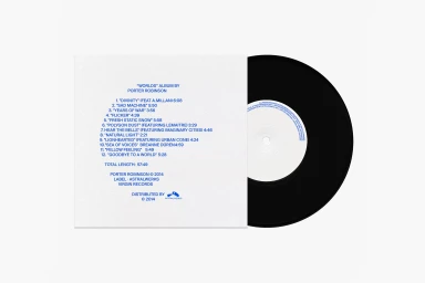 Vinyl record album tracklist jacket paired with a black vinyl disc on white seamless background.