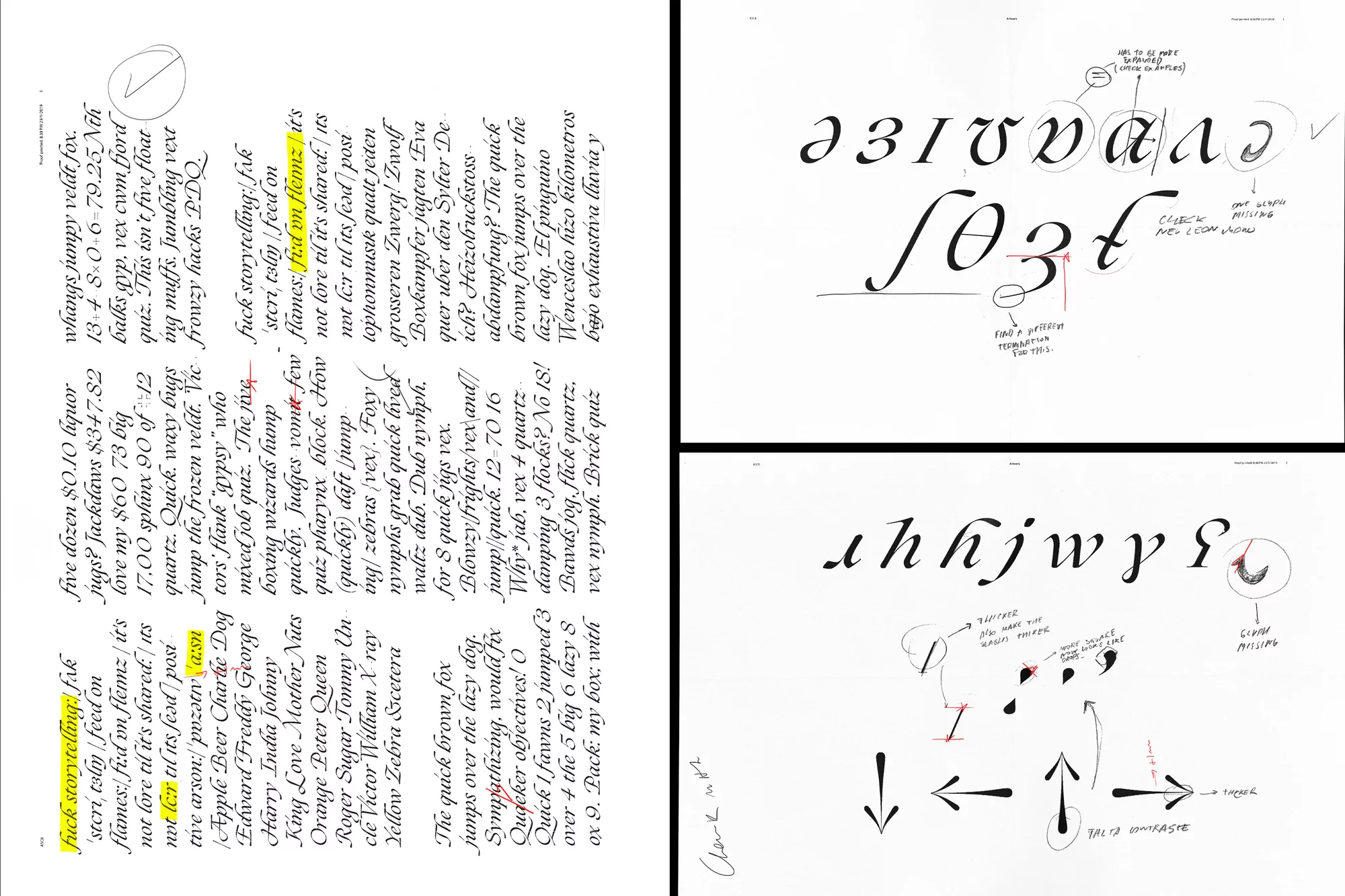 Calligraphy exercise showing examples of lowercase letters, words, phrases and arrows, with handwritten notes on white paper.