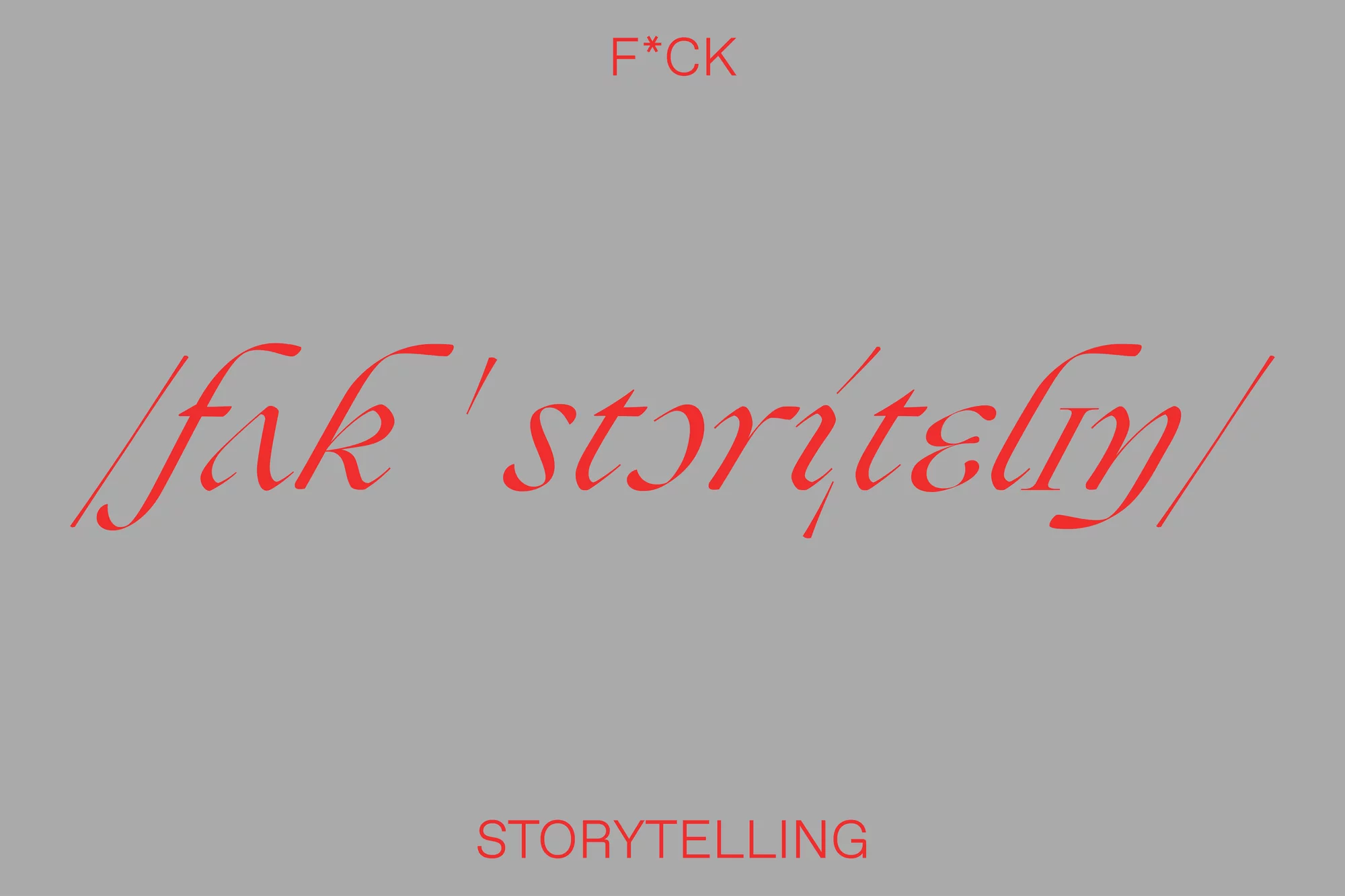 Graphic art features red calligraphy-style text and the word 'storytelling' on a grey background.