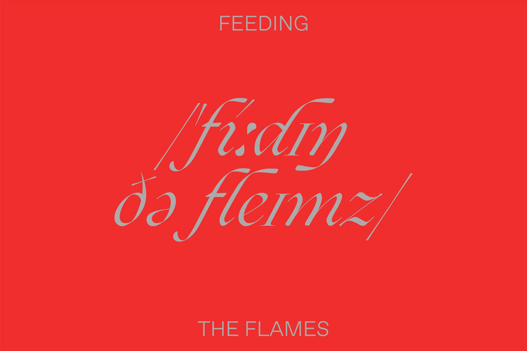 Minimalist graphic design with a bright red background and stylized grey-silver text, featuring typography for 'Feeding the Flames'.
