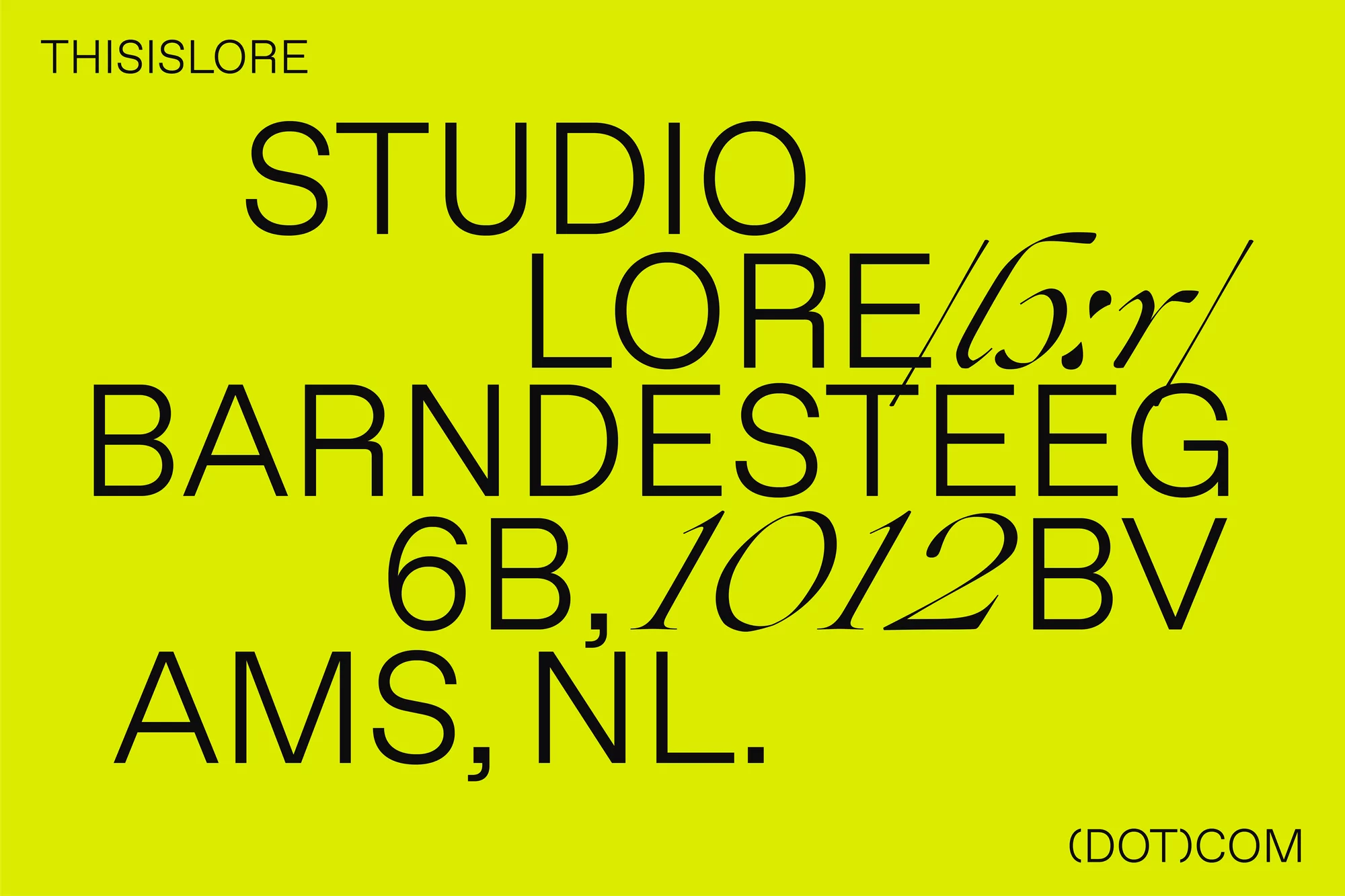 Graphic design with black typography on a bright yellow background, featuring a studio name, address, and contact details.