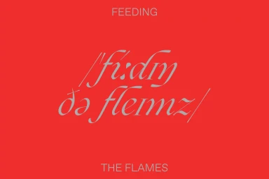 Red graphic design poster for Studio Lore featuring stylized grey typography reading feeding the flames against a solid red background