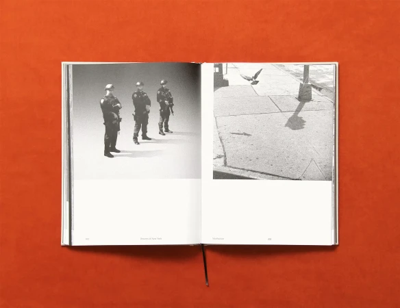 Monochrome image in an open book featuring three uniformed guards on one page and a bird flying over a sidewalk on the other.