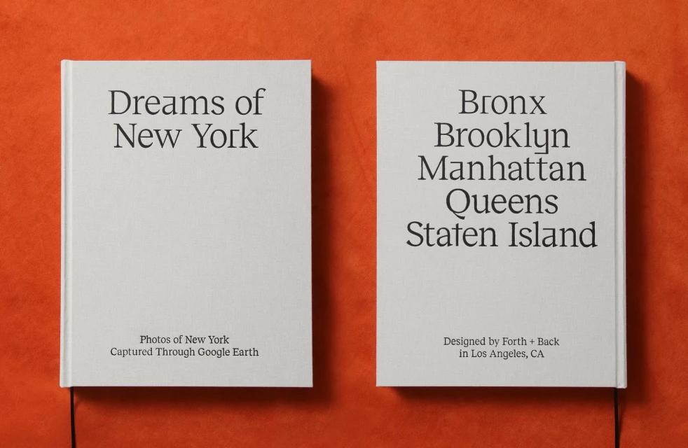 Two book covers featuring text about New York City and its boroughs, set against an orange background in a studio shot. Neutral, clean aesthetic.