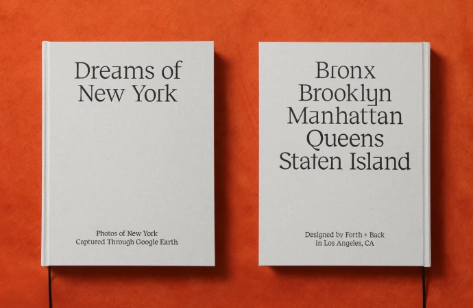 Two book covers featuring text about New York City and its boroughs, set against an orange background in a studio shot. Neutral, clean aesthetic.