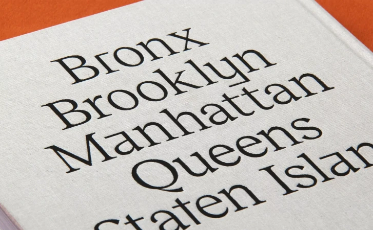 Close-up of a book cover featuring the printed names of New York City's five boroughs in black font against a cream background.