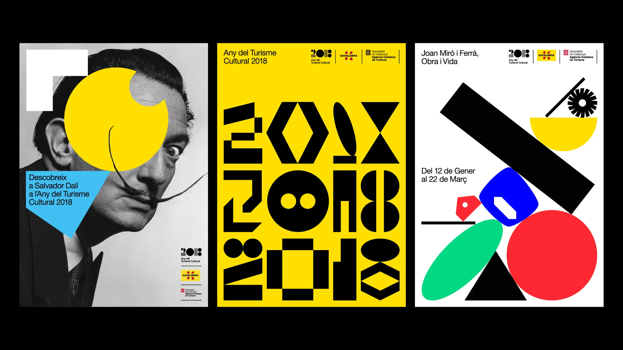 Three graphic art posters featuring Salvador Dali and Joan Miro celebrating Catalan tourism and culture in a modern art style.