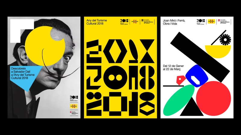 Three graphic art posters featuring Salvador Dali and Joan Miro celebrating Catalan tourism and culture in a modern art style.