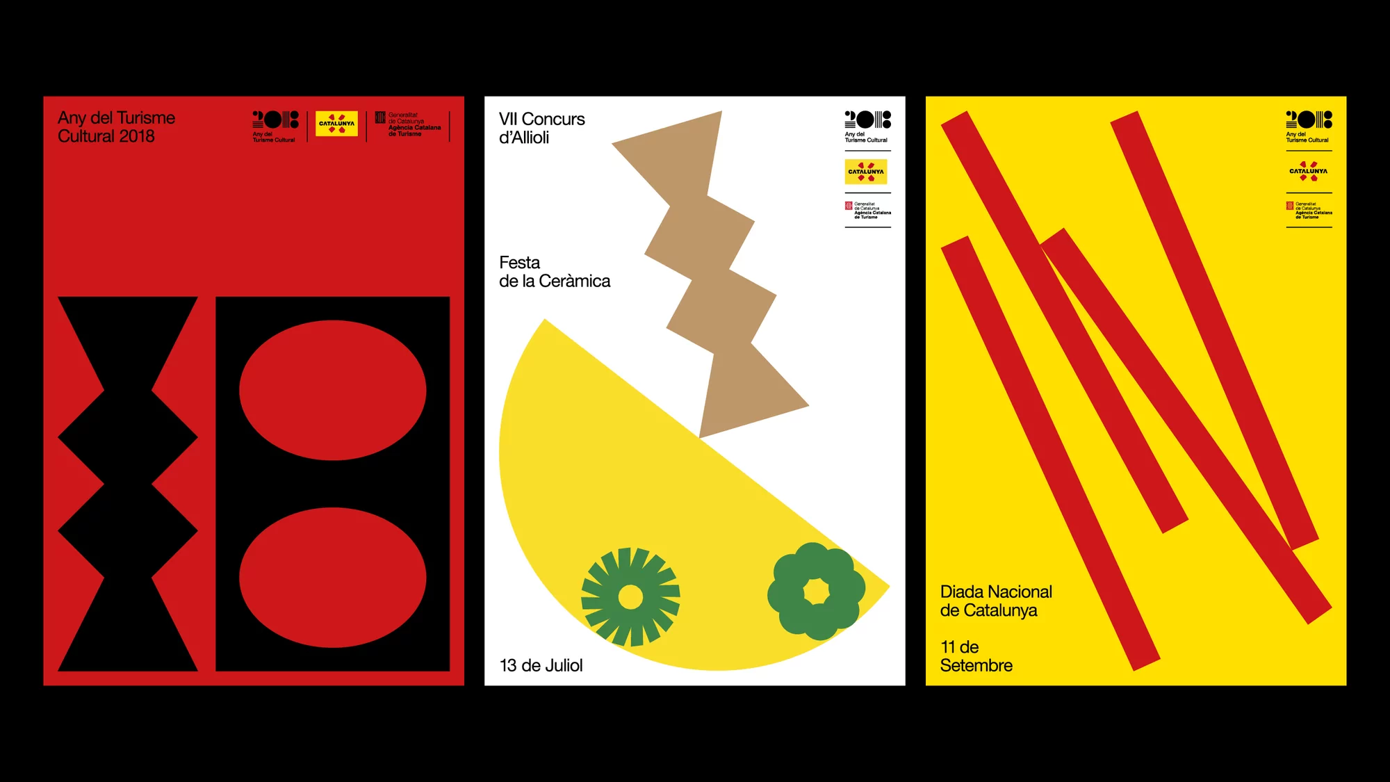 Three graphic posters promoting cultural tourism events: tourism in 2018, ceramics fair, and national Catalonia day in yellow, red, and tan.