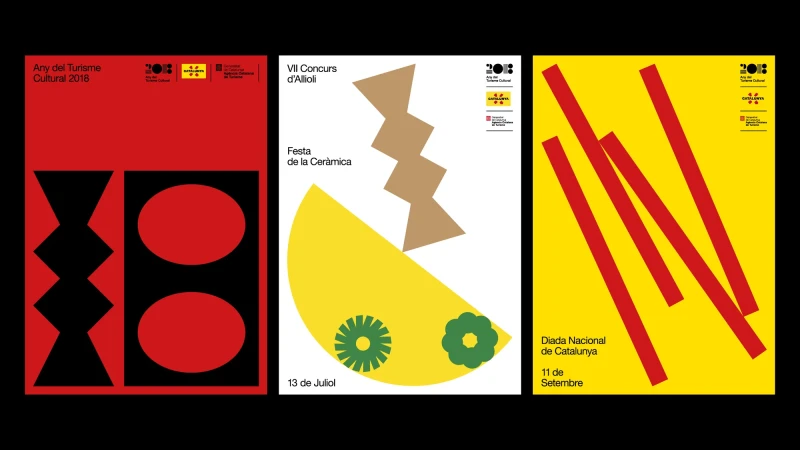 Three graphic posters promoting cultural tourism events: tourism in 2018, ceramics fair, and national Catalonia day in yellow, red, and tan.