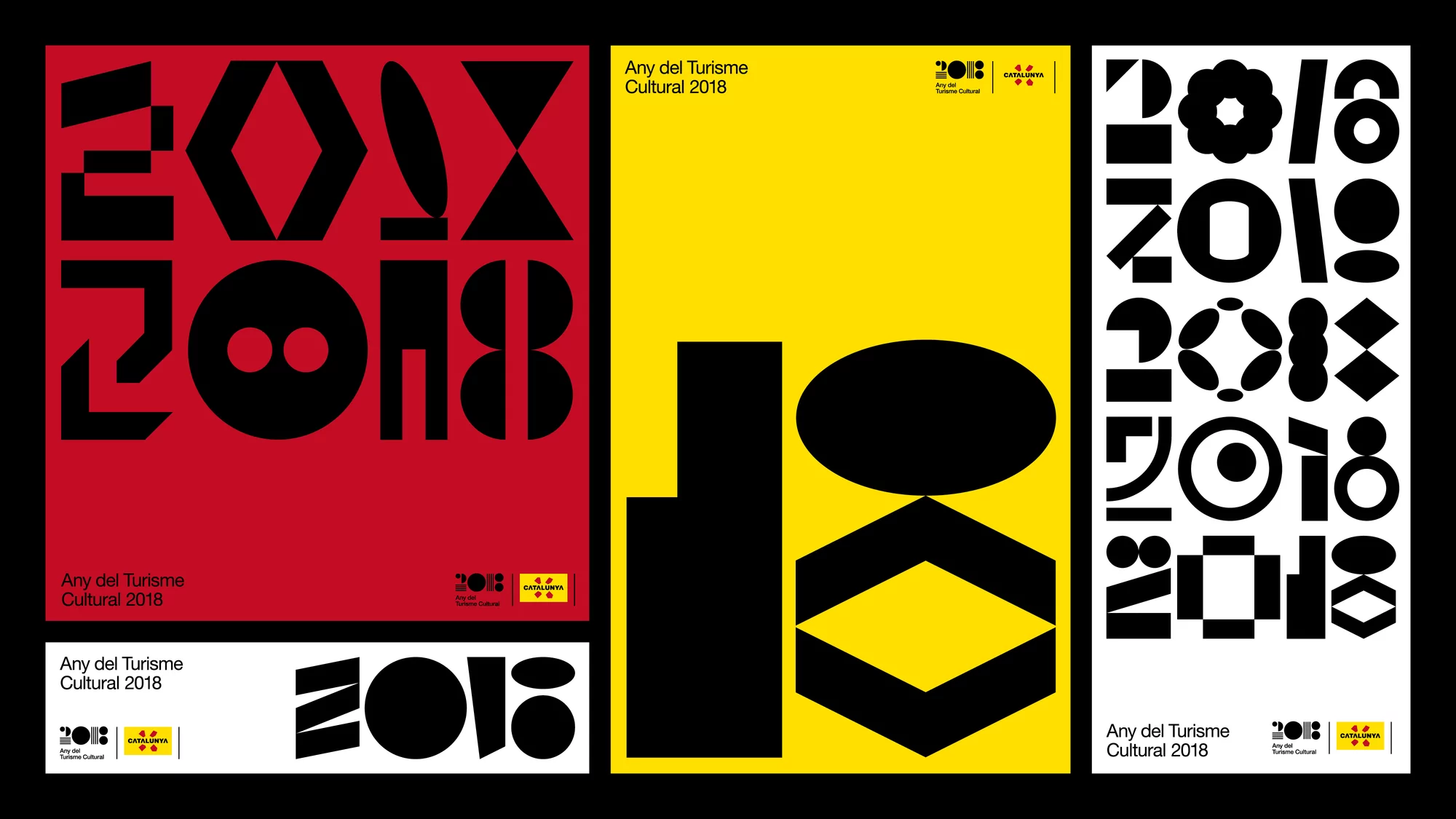 Three graphic design posters with geometric shapes and text 'Any del Turisme Cultural 2018' in black, yellow, red, and white.