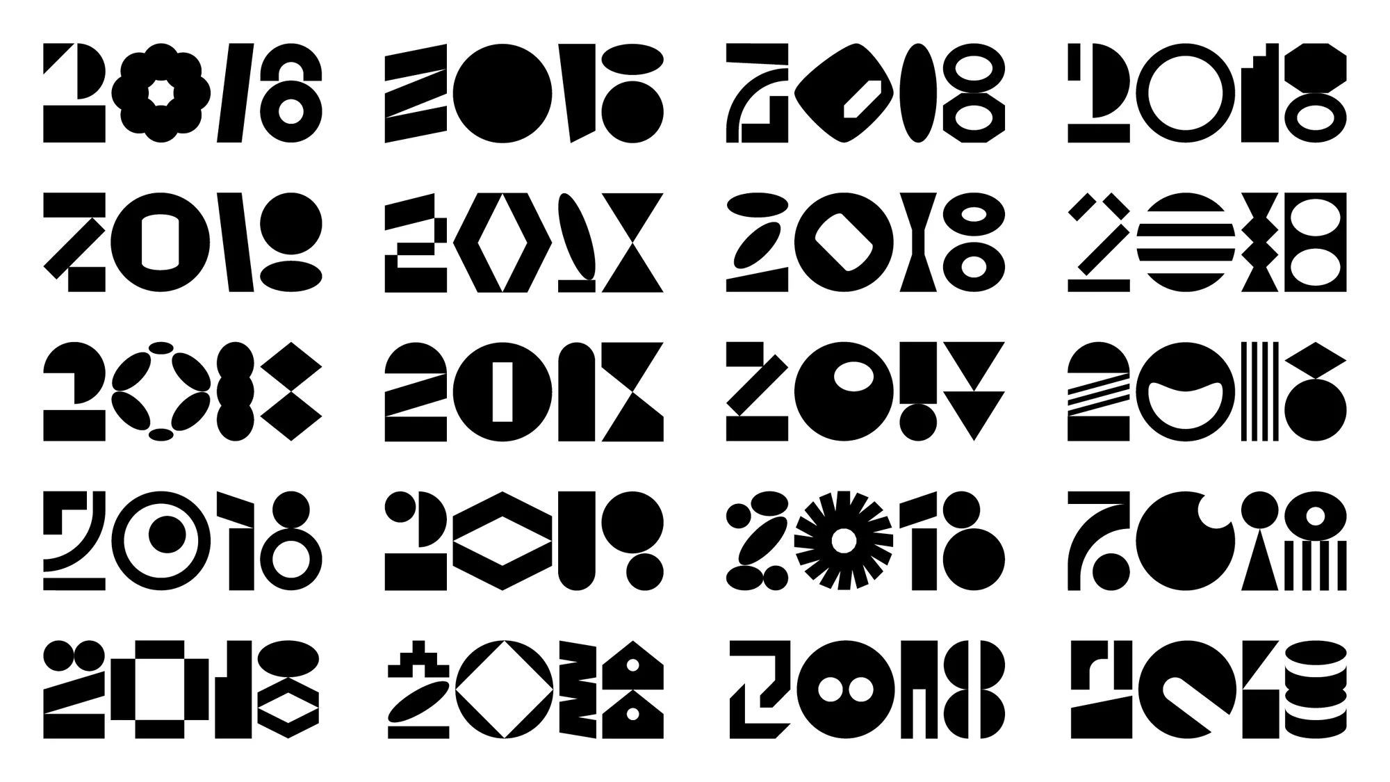 Graphic art featuring multiple 2018 number arrangements in black on a white background, geometric shapes, pattern design, typography.