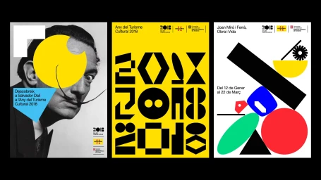 Three minimalist graphic design posters for Catalonia featuring Salvador Dali portrait, bold yellow typography, and geometric shapes.