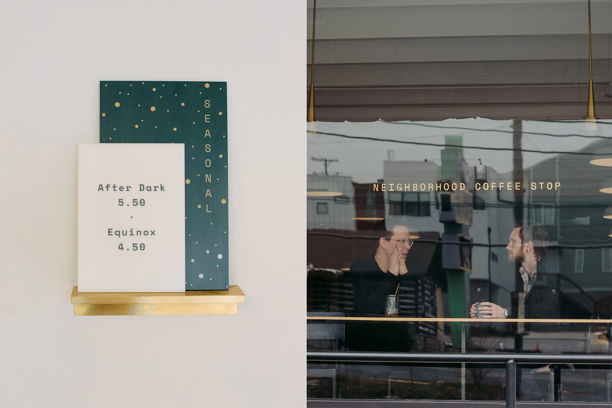Coffee shop window with two men in conversation, interior view with seasonal menu sign, and golden shelf.