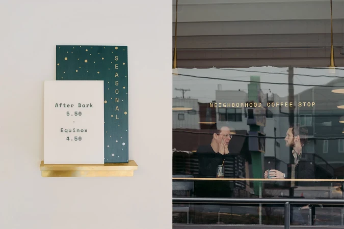 Coffee shop window with two men in conversation, interior view with seasonal menu sign, and golden shelf.